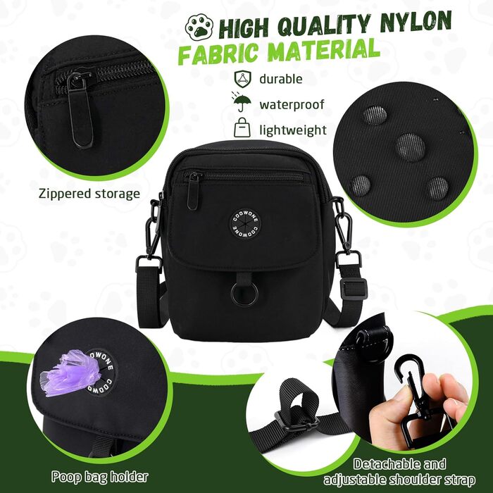 Водонепроникна сумка для ласощів для собак COOWONE, велика місткість, для прогулянок, компактна та легка, з дозатором пакетів для екскрементів, сумка через плече для дресирування собак, чорна