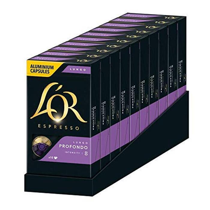 Кавові капсули L'OR Lungo Profondo, сумісні з Nespresso, 100 шт (10 упаковок по 10 капсул)