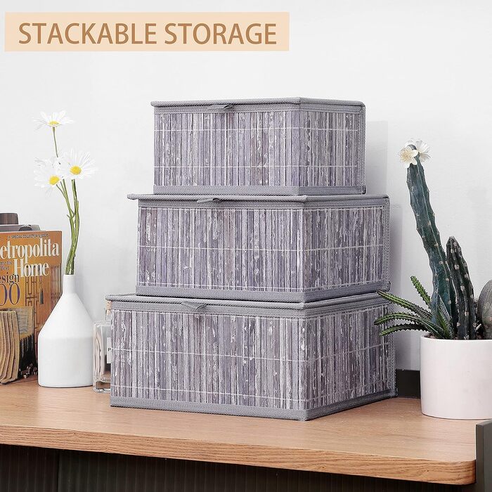 Honeycomb Storage Basket with Lid, Woven - Bamboo Decor Storage Boxes, Set of 3 Rattan Basket with Lid Woven Fabric Insert for Bathroom Kitchen Shelf Organization (Large/Medium/Small) (Gray Marble)