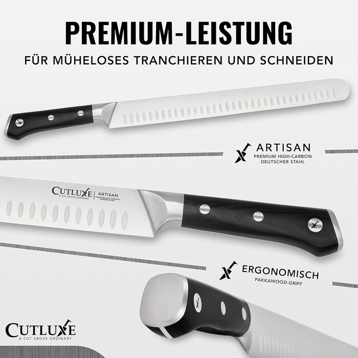 Ніж для нарізання шинки Cutluxe – 30 см, професійний ніж для м'яса та барбекю, з німецької сталі, повний хвостовик, ергономічна ручка та піхви, серія Artisan