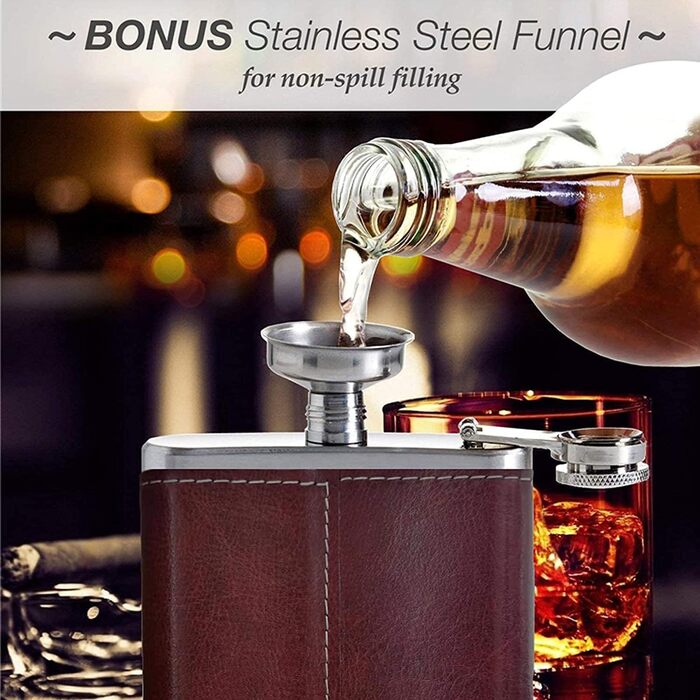 Металевий фляга, 237 мл, нержавіюча сталь, набір фляга + воронка, для активного відпочинку, у подарунковій коробці (колір: коричневий)