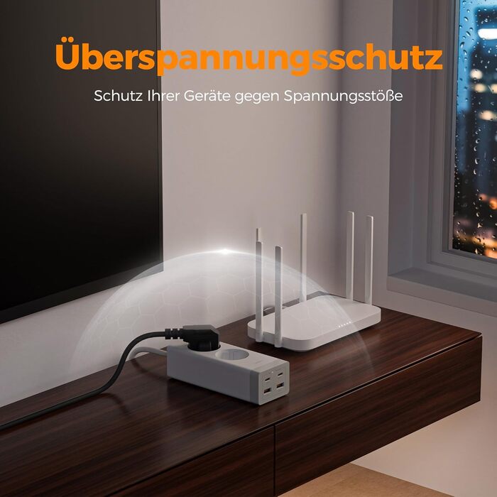 TESSAN Розподільник розеток USB-C 30W з GaN, 2 розетки, 2м кабель, захист від перенапруги 3600W, білий