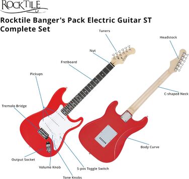 Електрогітара Rocktile ST-Pack Red Комплект (підсилювач, тюнер, тремоло, чохол, кабель, ремінь, медіатори, запасні струни та навчальний матеріал з CD/DVD)