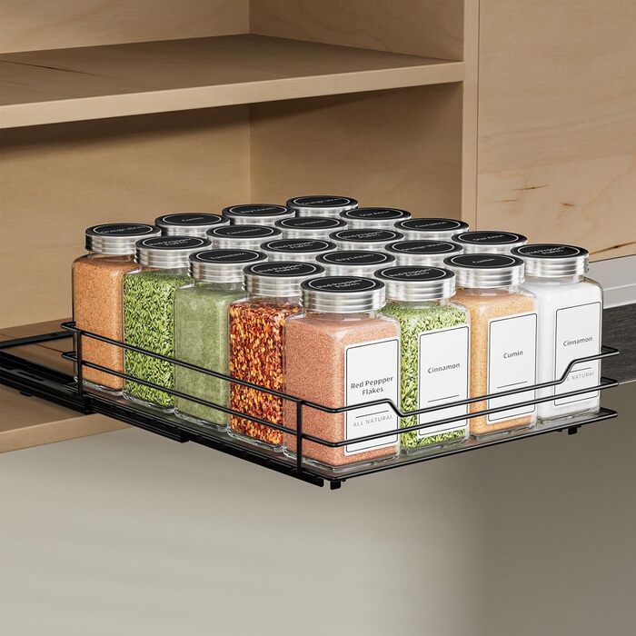 Висувна полиця для спецій у шафу, 2 яруси, регульована висота, чорний колір, органайзер для спецій, органайзер для кухні (22.2 x 26.4 x 5.6 см)
