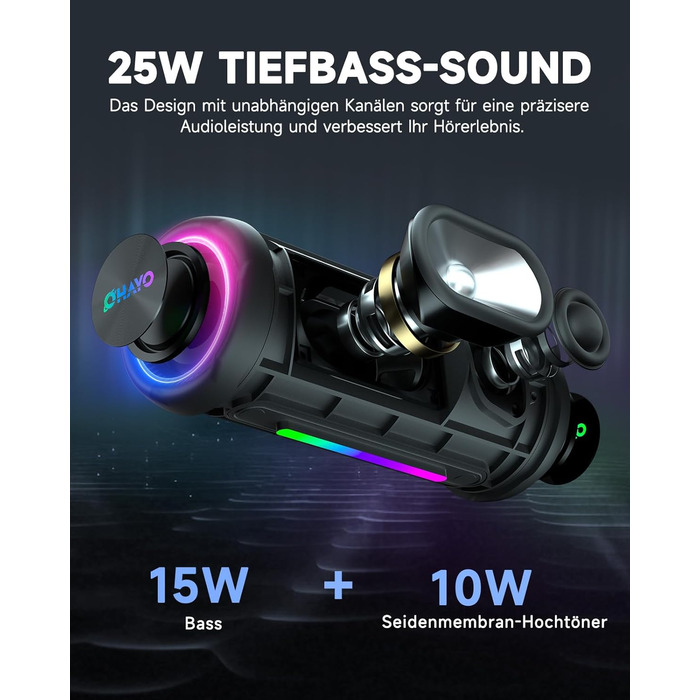Bluetooth Портативна Колонка OHAYO з LED підсвіткою, 25W, IPX7, 24h, Bass Boost, 6 RGB режимів, для активного відпочинку, чорна