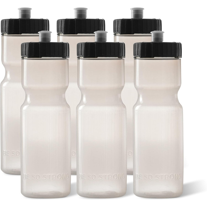 50 Strong Sport Squeeze Water Bottles - Set of 6 - Team Pack 22 oz BPA Free Bottle Easy Open Push/Pull Cap - Multiple Colors Available (Transparent)