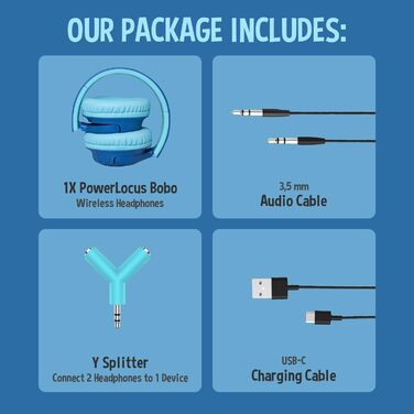 Дитячі навушники PowerLocus Bobo Bluetooth з обмеженням гучності, LED-підсвічуванням, складні, з мікрофоном для телефону/планшета/подорожей (блакитний/чорний)