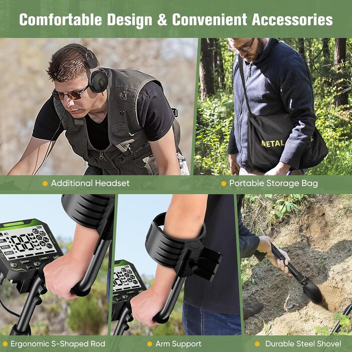 Металодетектор високоточний, регульована довжина 113-141 см, 5 режимів, акумуляторний, професійний з LCD-дисплеєм, водонепроникна котушка IP68 для дорослих та дітей (зелений)