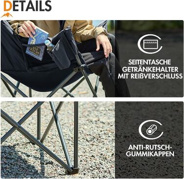 Крісло для кемпінгу складне, XXL, чорне, 150 кг, з підлокітниками, м'яке, для відпочинку на природі