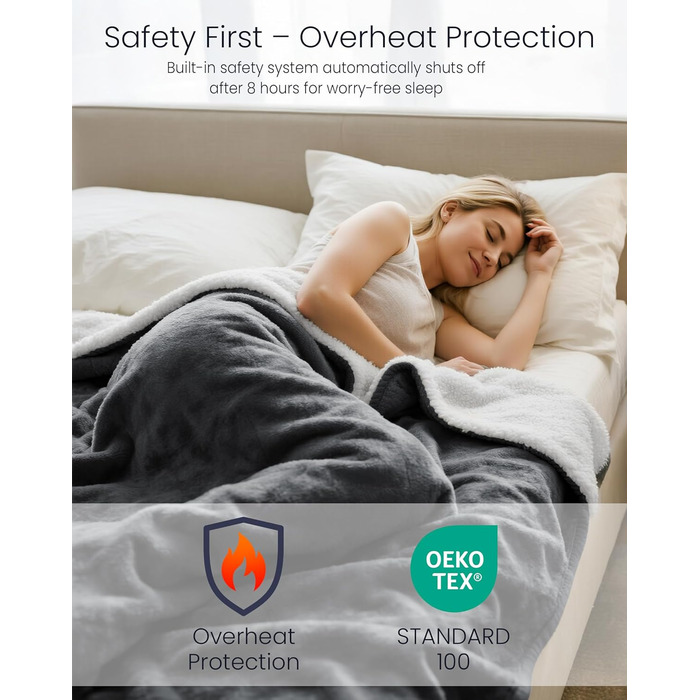 Електрична ковдра AnySun з підігрівом 180x130 см з автовимкненням, 6 режимів нагріву, таймер 10 годин, захист від перегріву, для ліжка, дивану, машинне прання, сіра
