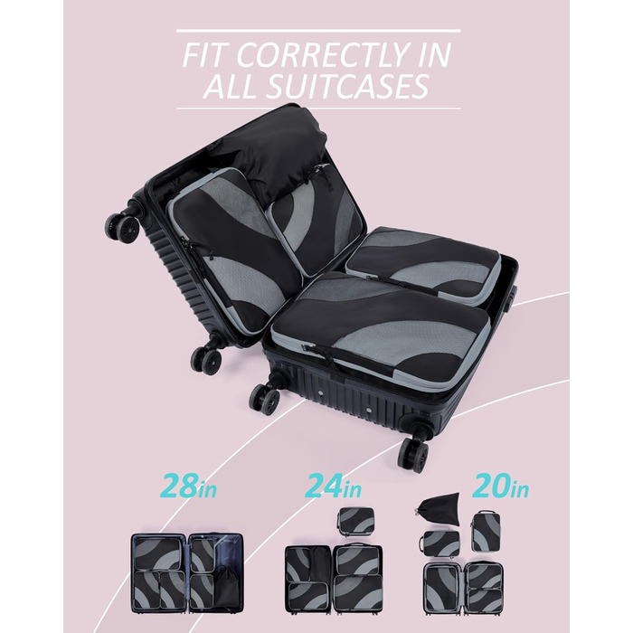 Органайзери для валізи BAGSMART компресійні, набір 6 шт., чорні - ідеальний органайзер для подорожей та ручної поклажі