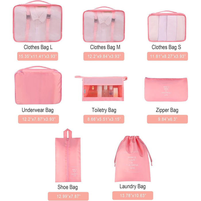 Органайзер для валізи - Набір 8 штук Packing Cubes для подорожей, система організації валізи, набір кубиків для пакування (Рожевий)