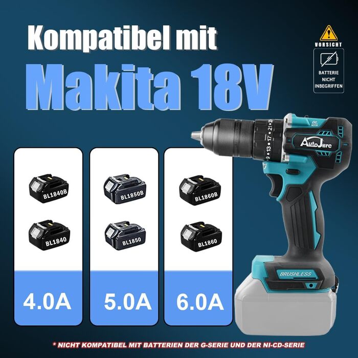 Акумуляторний ударний дриль-шуруповерт сумісний з Makita 18V, 13 мм, безщітковий, 35+3 ступені крутного моменту, 90 Н.м, 2 регульовані ступені, акумуляторний шуруповерт з 3 насадками (без акумулятора)