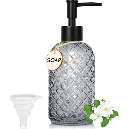 Скляний диспенсер для мила 500 мл з хвильовим дизайном для ванної кімнати та кухні, з чорним насосом, дерев'яними етикетками та воронкою (Charcoal, сірий)