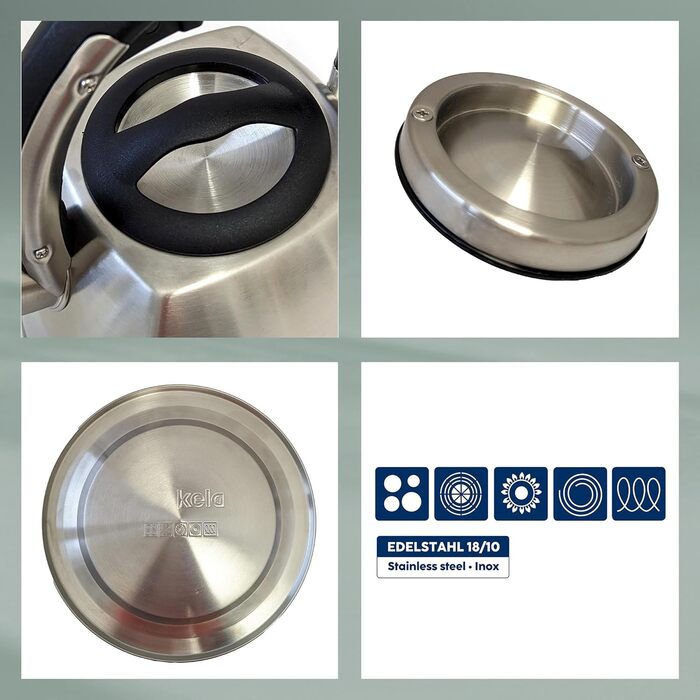 Ке́тель Kela VITUS з індукційним дном, 2.4л, нержавіюча сталь, для всіх плит, з безпечним відкриванням кришки, чайник (сріблястий матовий)