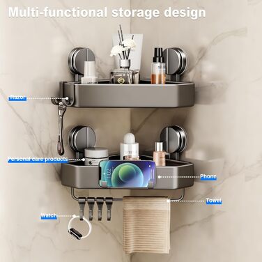 Поличка для душу без свердління, кутова поличка з присосками, органайзер для ванної кімнати, корзина для душу з тримачем для рушників та знімними гачками, сіра (1 шт.)