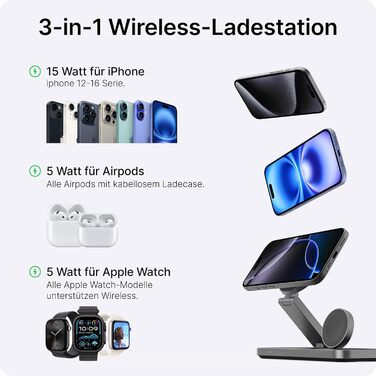 База для бездротової зарядки Voomy 3-в-1 з підтримкою MagSafe, для iPhone, AirPods та Apple Watch, 15W, складана, швидка зарядка, з USB-C кабелем та адаптером (Чорний)