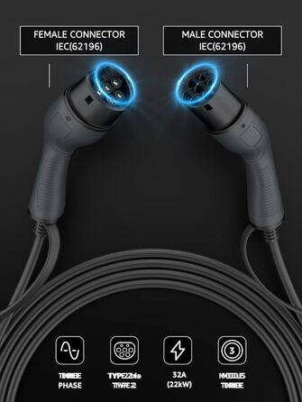 Кабель зарядки для електромобіля Bokman Typ 2, 11 кВт, 3-фазний, 5 метрів (з сумкою та мікрофіброю)