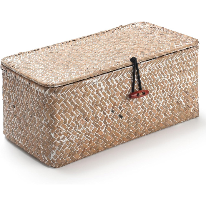 Кошик для зберігання з морської трави з кришкою, натуральний, 26x14x11 см, білий, малий