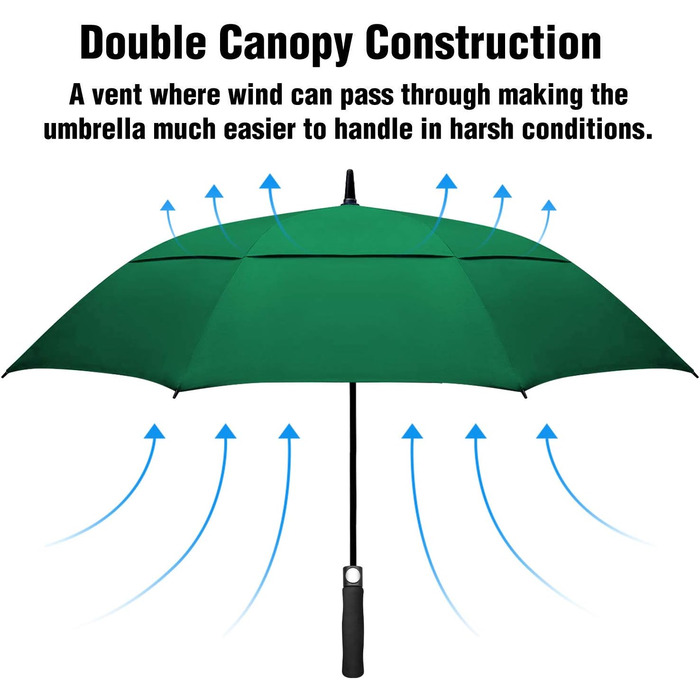 Вітростійкий парасолька великого розміру XL/XXL з автоматичним відкриванням та подвійним вентиляційним отвором - високоякісний тростиночний парасолька для жінок та чоловіків, ідеальний як гольф-парасолька (темно-зелений, 62 дюйми/157 см)
