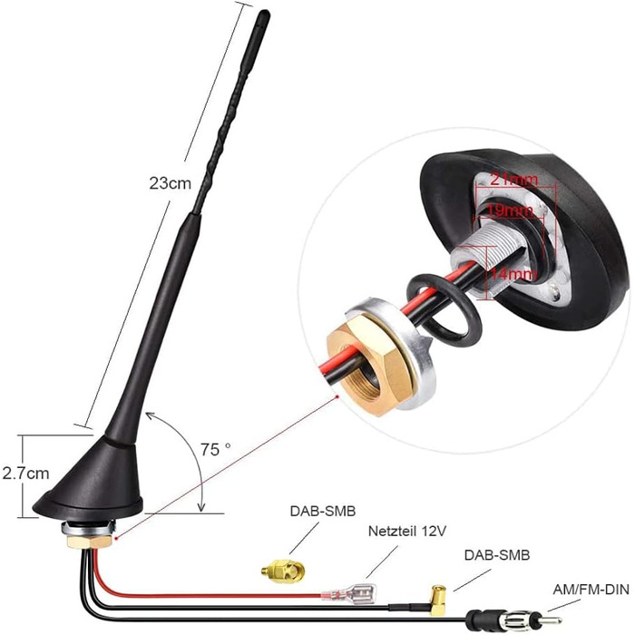 Активна автомобільна антена Eightwood DAB/DAB+, FM/AM, з підсилювачем, дахова, з SMB/SMA штекером і DIN адаптером, сплітер, 5 м кабель