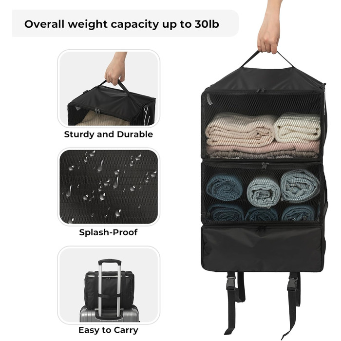 Органайзер для одягу Granny Says з 3 відділеннями, чорний. Підвісний кофр-органайзер для подорожей, компактний, для шафи, у дорогу