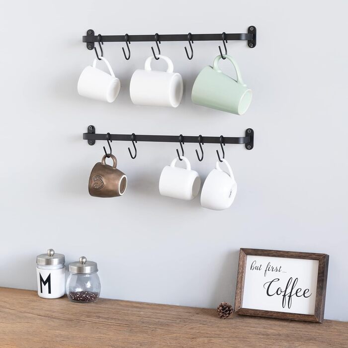 Dahey Mug Holders, Wall Mounts, Metal Coffee Cup Hangers with 10 Cup Hooks, Cup Display Shelf, Rustic Utensil Cup, Storage Organizer for Kitchen, Dining Room, 2-Piece Set, Black