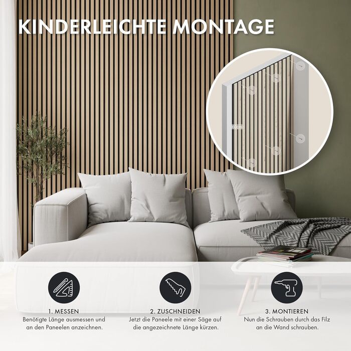 Акустична панель Momento з натурального дуба 240x50 см, 3D ламелі для шумоізоляції стін, колір дуб натуральний, чорний фліс (Made in Germany)