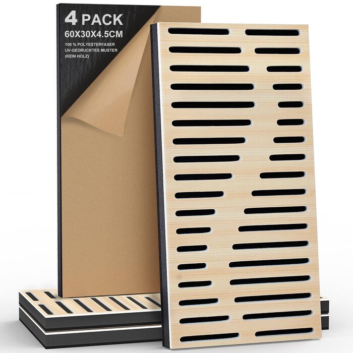 Акустичні панелі JBER для звукоізоляції стін, самоклеючі шумопоглинаючі плити з імітацією натурального дуба, 3-шарові декоративні панелі для студії, 60×30×4.5 см, еліптичні лінії (4 шт.)