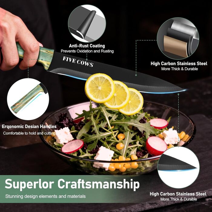 Набір кухонних ножів Messerblock з 16 частинами: ножі, обробна дошка, захист пальців, точилка та кухорізаки. Професійний набір для дому (зелений)