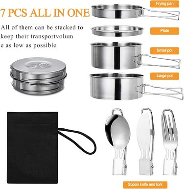Набір кухонного посуду для кемпінгу на 2-3 особи з нержавіючої сталі: 7 предметів для пікніків, походів та кемпінгу