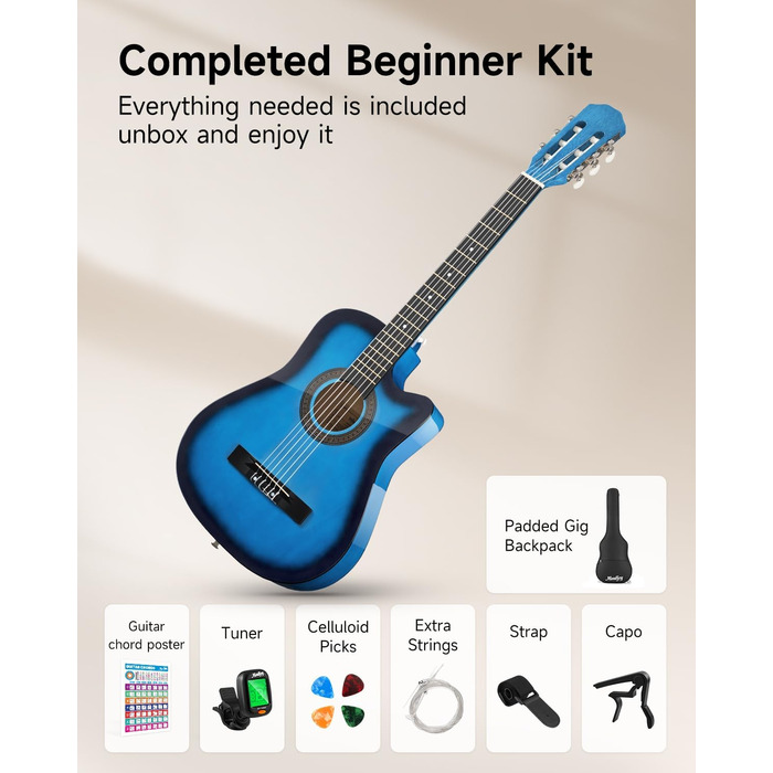 Акустична гітара Moukey для початківців, дітей, підлітків та дорослих, 38 дюймів, блакитна. Комплект з чохлом, тюнером, медіатором, каподастром та нейлоновими струнами
