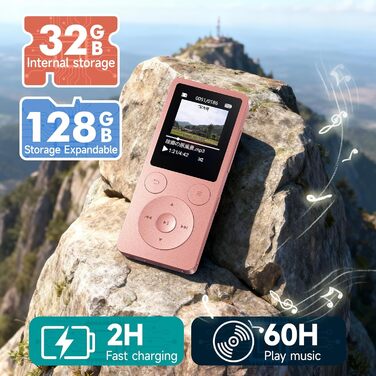 MP3 плеєр 32GB з Bluetooth 5.3 та вбудованим динаміком, FM-радіо, диктофон, HiFi-звук, розширювач пам'яті до 128GB, рожевий