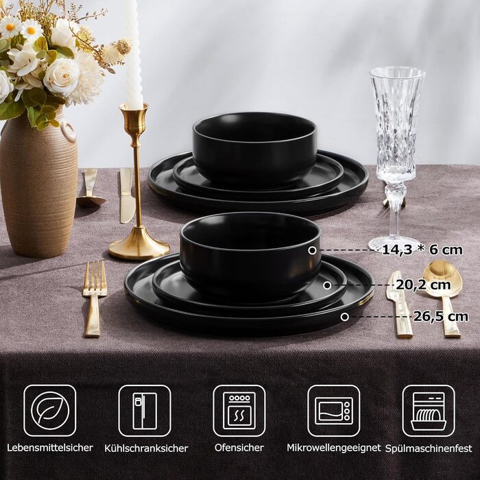 Набір посуду Onader на 6 осіб: 18-ти частинний сервіз з каменю, 6 тарілок, десертних тарілок, мисок, стійкий до миття в посудомийній машині та подряпин (Класичний чорний)