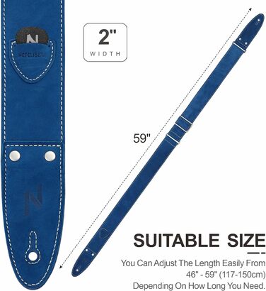 Гітарний ремінь Nefelibata з повного нубуку, 2' з кишенею для медіатора, для бас-, електро- та акустичної гітари, з медіаторами, кнопками та застібками (Star Black) (B#-haze Blue)