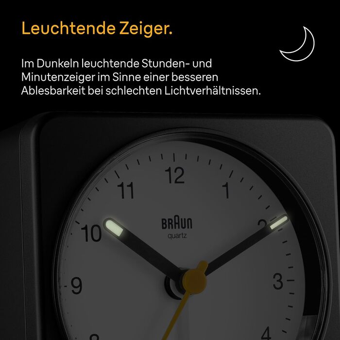 Braun Classic Analog Alarm Clock with Snooze Function and Light, Silent Quartz Movement, Crescendo Alarm, Black and White Model BC03BW.