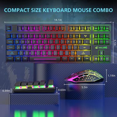 Механічна ігрова комбо клавіатура та миша з підсвічуванням Rainbow: клавіатура 87 клавіш, миша 2400DPI з 6 кнопками, та килимок для миші (чорний)