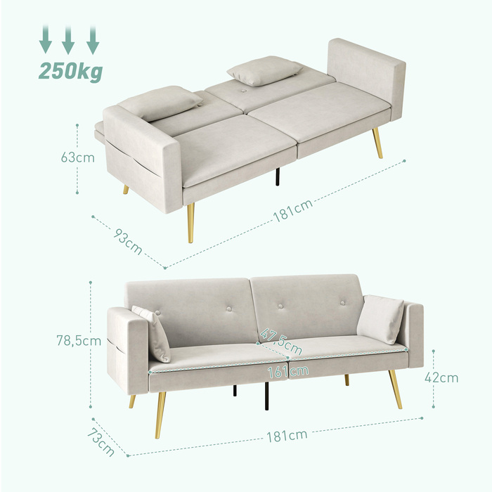 HOMCOM Sleeper Sofa, Convertible Sofa with Adjustable Backrest, Side Pocket, Upholstered 2-Seater Sofa Bed with Sleeping Function, Cushions, for Living Room, Bedroom, Beige | Aosom