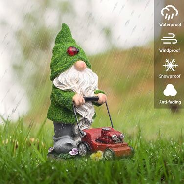 TERESA'S COLLECTIONS Outdoor Garden Decor with Solar Lighting 22cm Waterproof Garden Gnome Figurines with a Lawnmower Made of Artificial Resin Garden Gnomes for Outdoor Yard Lawn Balcony