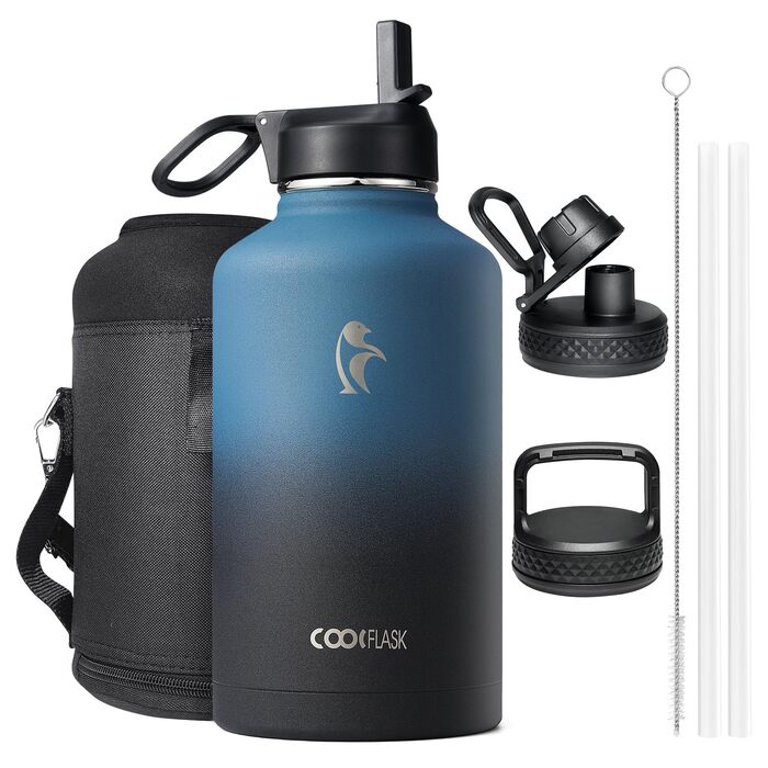 Термопляшка Coolflask 2л з соломинкою та 3 кришками, нержавіюча сталь, для спорту та офісу, Indigo Schwarz