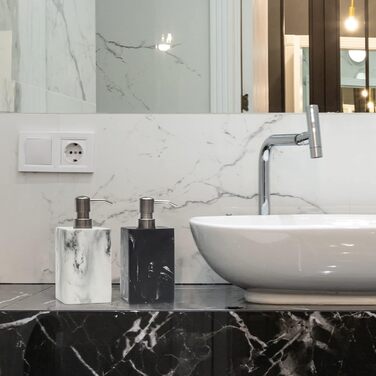 Дозатор для мила Suanti, 425 мл, з помпою з нержавіючої сталі, наповнюваний, квадратний, декоративний, для мила для рук, миття посуду та лосьйону, стиль мармур (білий та білий)