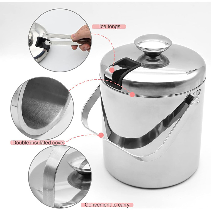 Ейскюбель з нержавіючої сталі з кришкою та лопаткою, 1,6л: для напоїв, пива, вина, фруктів