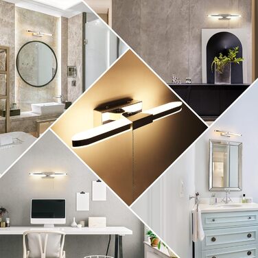 MantoLite LED Bathroom Wall Light with Pull Cord, 40CM Picture Display Lamp Mirror Lighting Wall Sconce for Hotel Restaurant Modern Reading Lamps, 8W 3000K Stainless Steel Acrylic Lighting