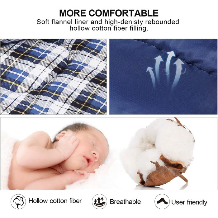 Спальний мішок Redcamp Baumwoll-Flanell для кемпінгу, 3-сезонний, теплий та комфортний, вага 2/3/1,8 кг, колір морський блакитний