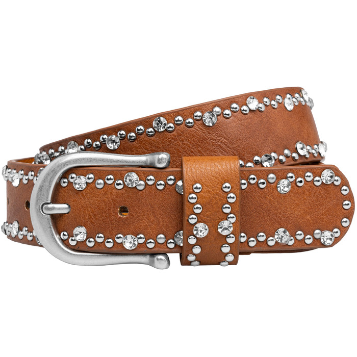Жіночий ремінь Caspar GU292 з декором стрази та заклепки, колір коньяк, розмір 107-111 см