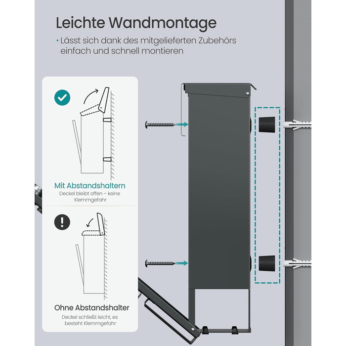 Поштовий ящик SONGMICS XXL з газетницею, антрацит, 37x37x10.5 см, з ключем, захист від реклами, сучасний, для дому та саду