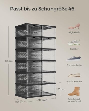 SONGMICS Shoe Cabinet Set, with 18 Shoe Boxes, Integrated Shoe Organizer, Foldable, Portable, for Shoes up to Size 46, 1-Minute Assembly, Transparent-Cloud White LSP207W01 (Transparent + Ink Black, 2)