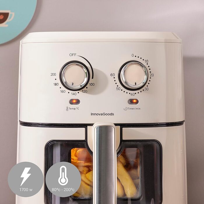 Аерофритюрниця InnovaGoods Vintage 6,5 л, 1700 Вт, з віконцем, антипригарний кошик, таймер, 360° циркуляція повітря, понад 100 рецептів, для 4-6 осіб, кремова