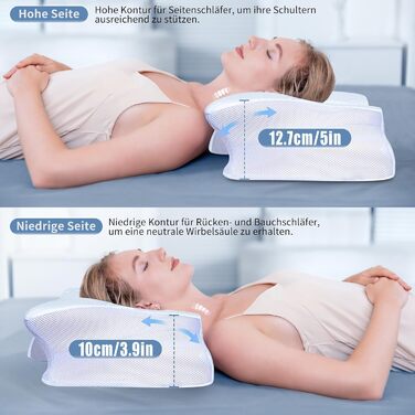 Подушка для шиї SAHEYER з Memory Foam, ортопедична, ергономічна, для сну на боці, біла, 60 x 35.5 x 10/13 см