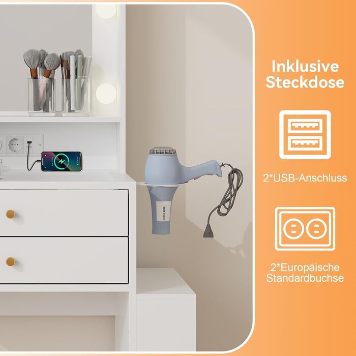 Туалетний столик YOURLITE з LED-підсвіткою, дзеркалом і розеткою, скляною стільницею та шухлядами, регульованою яскравістю, боковою шафкою і тримачем для фена, білий